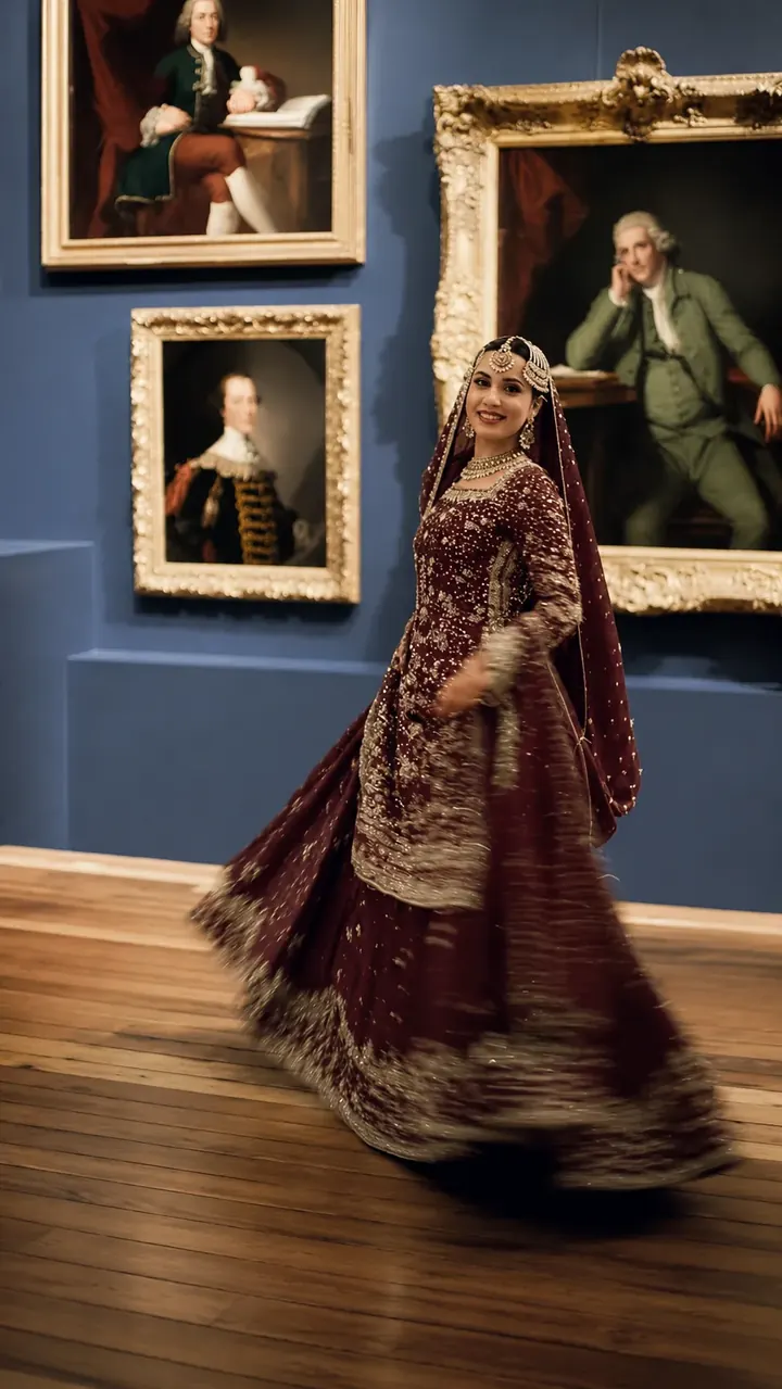 A bride walking through a portrait gallery