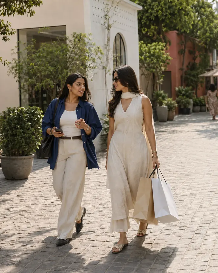 Two clients exploring a Delhi store with their stylist