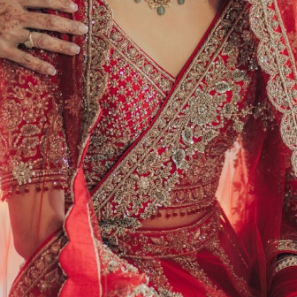 Close-up of intricate red and gold bridal embroidery