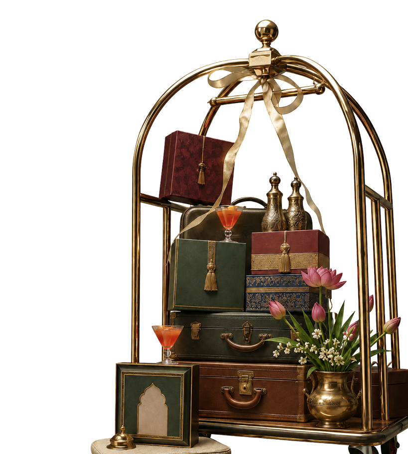 Brass luggage cart with wedding trousseau boxes and flowers